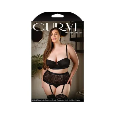 Fantasy Lingerie Curve Chloe Keyhole Contour Bra Gartered High Waisted Panty