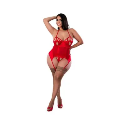 Women s Lingerie Magic Silk Holidaze Peek a boo Basque And Pull Open G string Red Queen Size