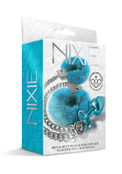 Nixie Metal Butt Plug and Furry Handcuff Set Blue