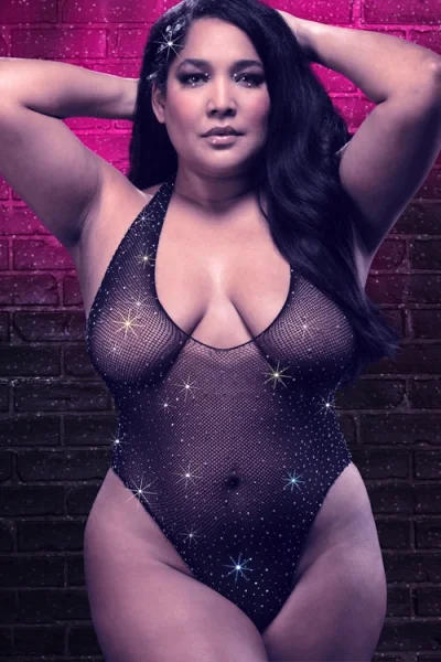 Radiance - Plus Size V-Neck Bodysuit with Rhinestone Accents By California Exotic