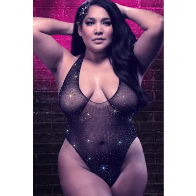 Radiance Plus Size V Neck Bodysuit with Rhinestone Accents By California Exotic