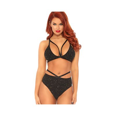 2pc Shimmer Lurex Opaque Cage Strap Bra Top And Matching Strappy Brazilian Bottom Black gold Med lg