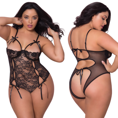 Oh La La Cherie Functional Tie Lace Teddy With Open Back Black Queen