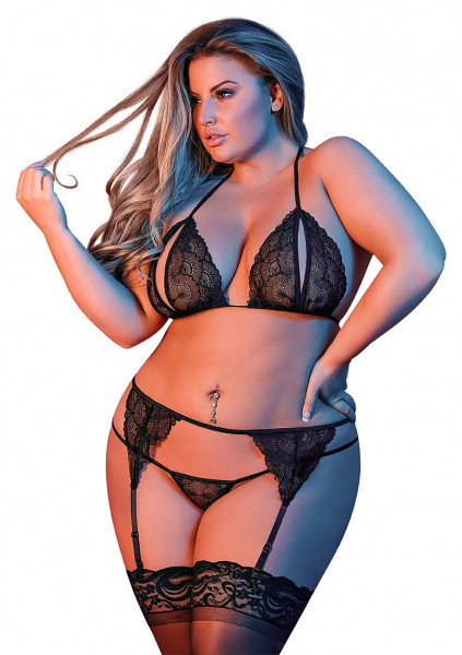 Peek-a-Boo Bra, Garter & G-Set - Black - Queen Size - Hot Ladies Underwear