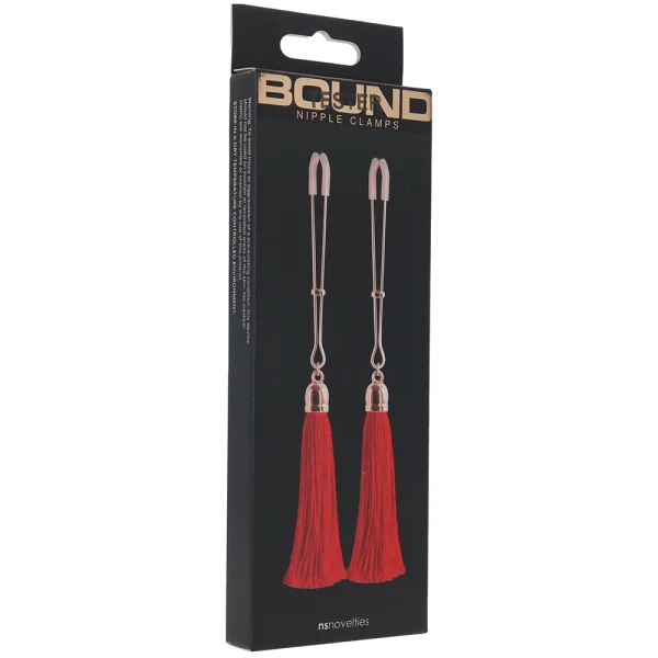 Bound Adjustable T1 Tassel Nipple Clamps by NS Novelties - Rose Gold & Red