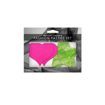 Fashion Pasties Set Neon Pink Satin Heart and Neon Green Lace Star