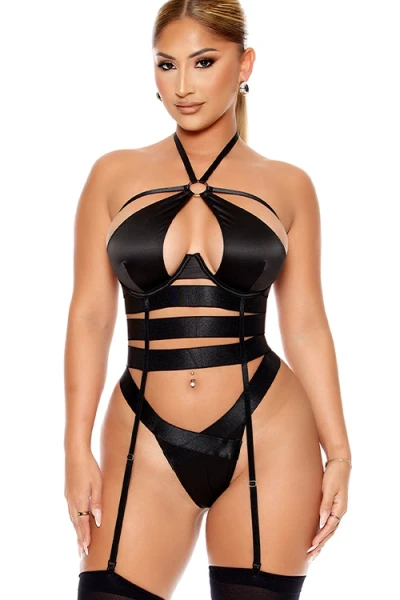 Forplay Soft Life 2 Piece Black Ribbon Bustier Set with Panty & Attached Garters