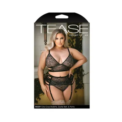 Tease Kelsey Criss cross Metallic Lace Bralette Garter Belt Panty Black 3x 4x