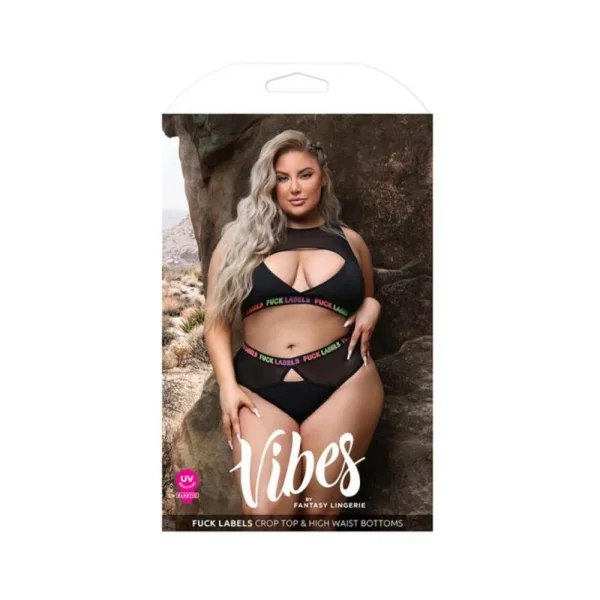 Women's Lingerie: Fantasy Lingerie Vibes Fuck Labels Keyhole Top & High Waist Bottoms With Uv Reactive Elastic Black Q