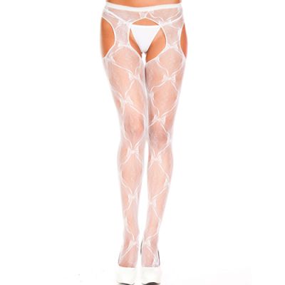 Tights With Open Crotch And Bow Print White