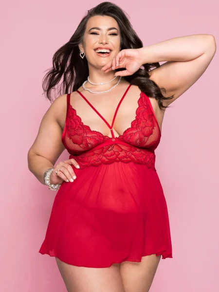 Lovehoney Plus Size Tiger Lily Red Floral Lace Babydoll Set