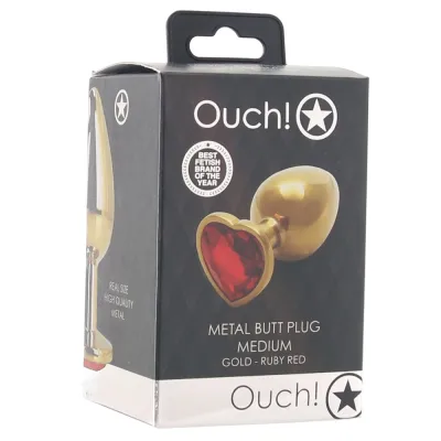 Shots Ouch Heart Gem Butt Plug Medium Gold Ruby Red