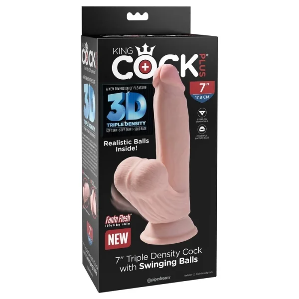 King Cock Plus 7" Triple Density Cock With Swinging Balls & Suction Cup Base - Vanilla