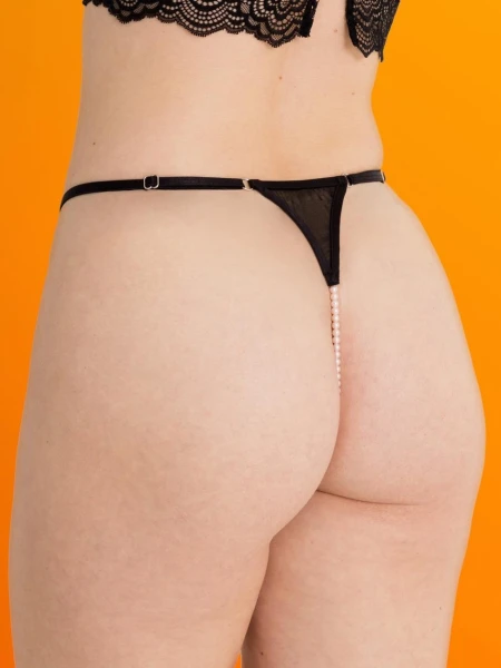 Lovehoney Satin Romance Black Lace Pearl Thong