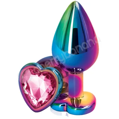 Rear Assets Rainbow Metal 2 4 Butt Plug With Pink Heart Gem