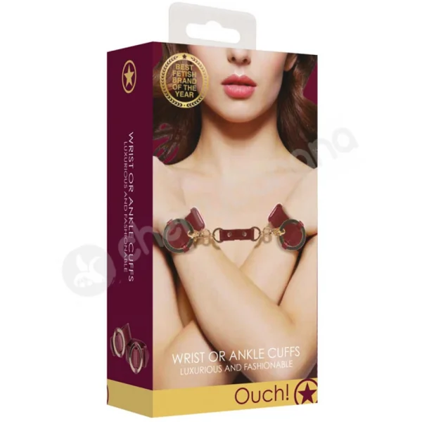 Ouch Halo Wrist/Ankle Cuffs Red With Gold Hardware & Removable Connector