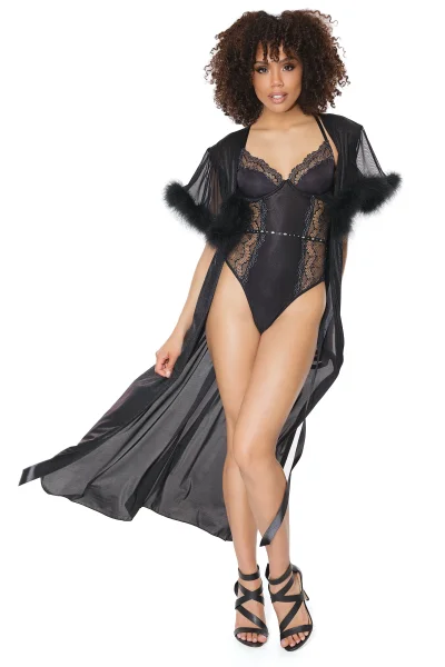 Black Sparkle Stretch Mesh Marabou Robe — image 16 of 22