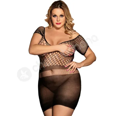 Cherry Banana Plus Size Black Crotchet Mesh Mini Chemise Dress