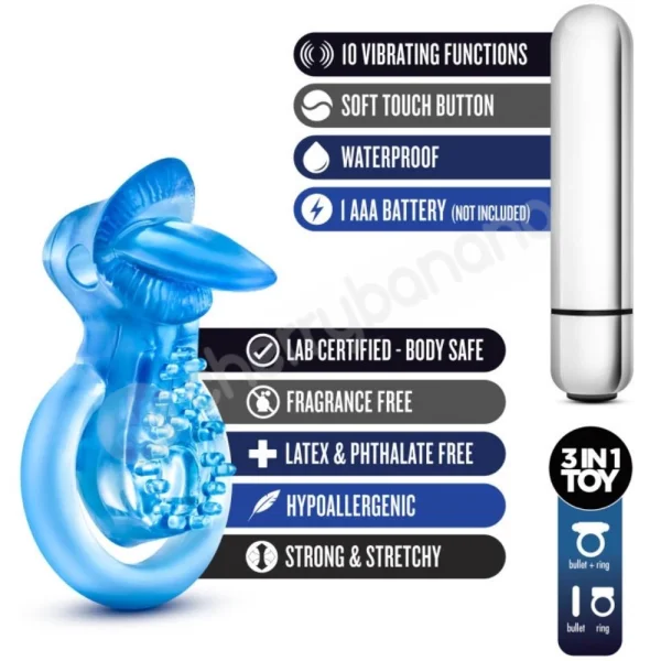Stay Hard 10 Function Blue Vibrating Tongue Cock Ring With Ball Strap
