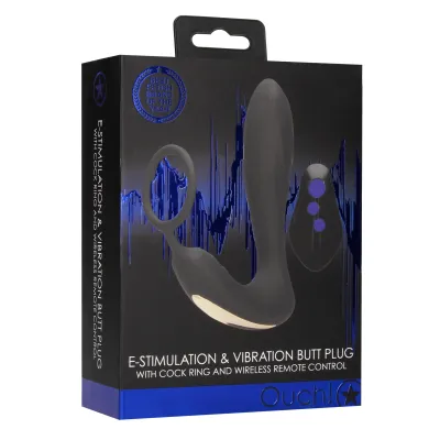 E Stimulation and Vibration Butt Plug With Cock Ring and Wireless Remote Control Black