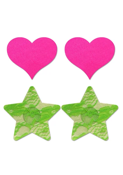 Fashion Pasties Set - Neon Pink Satin Heart / Neon Green Lace Star