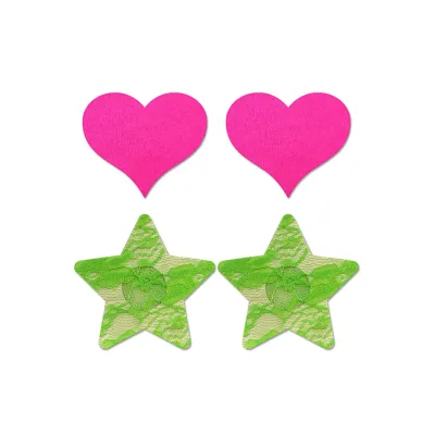 Fashion Pasties Set Neon Pink Satin Heart Neon Green Lace Star