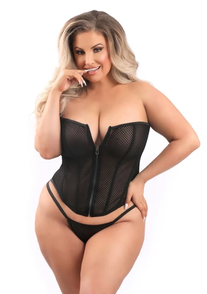Zipper Front Mesh Overbust Corset and G-string Panty - Plus Size