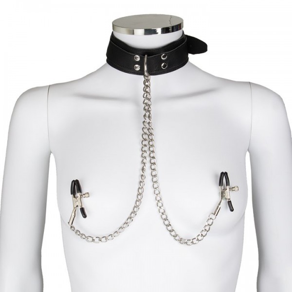 Bondara Luxe Leather Collar with Nipple Clamps — image 4 of 4