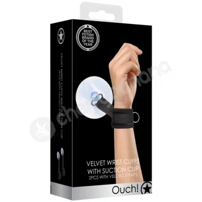 Ouch Velvet Velcro Black Adjustable Handcuffs With Suction Cup