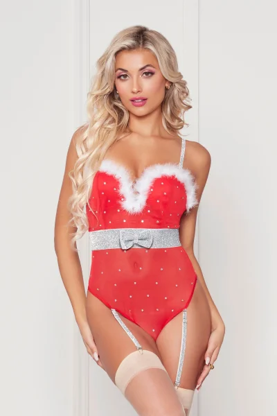Rhinestone Studded Mesh Teddy With Marabou Trim - Medium - Red