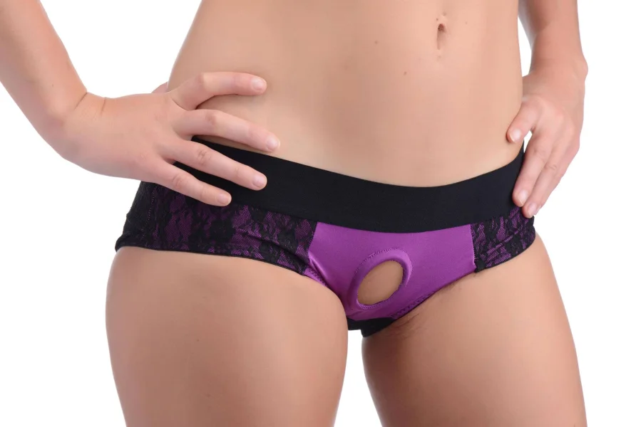 Lace Envy Crotchless Panty Harness - L- XL Purple and Black