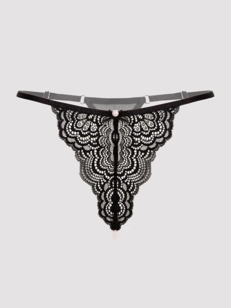 Lovehoney Satin Romance Black Lace Pearl Thong