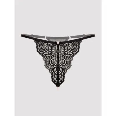 Lovehoney Satin Romance Black Lace Pearl Thong
