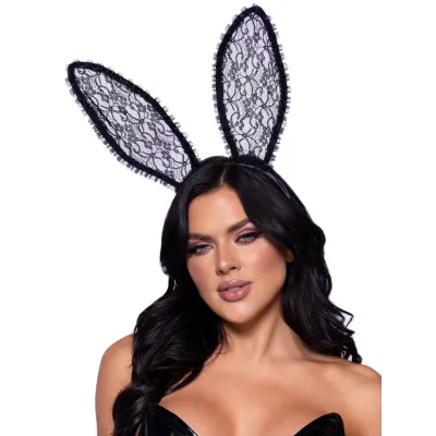 Ruffle Trimmed Bendable Lace Bunny Ears Black