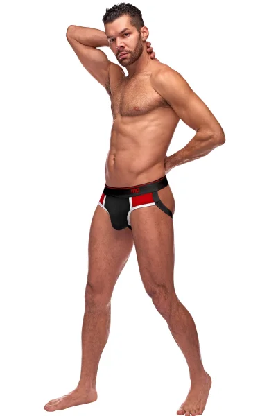 Men's Lingerie - Retro Sport Panel Jock - S- M - Black- Red