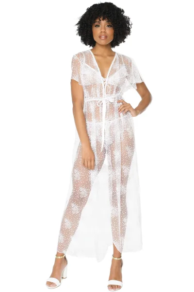 Ruffle Floral Accent White Robe