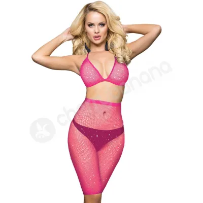 Cherry Banana Pink Rhinestone Fishnet Bikini Style Top Shorts Set