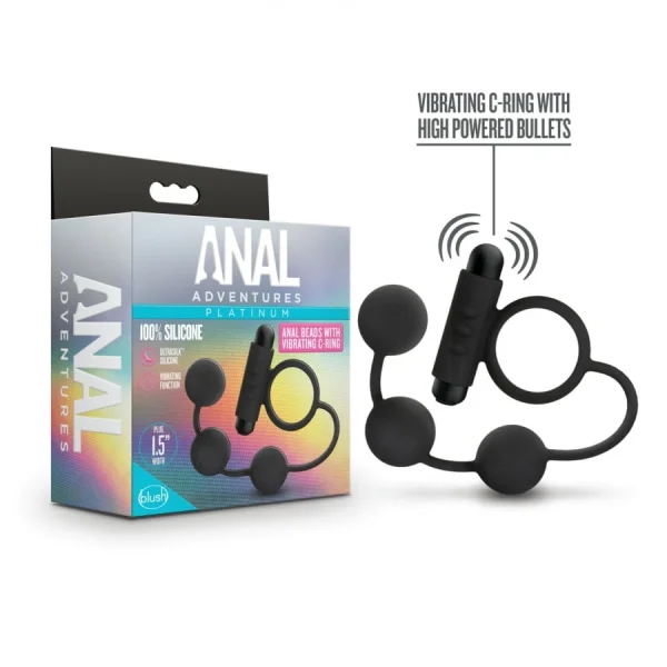 Blush - Anal Adventures Platinum - Silicone Anal Beads w Vibrating C-Ring - Blac