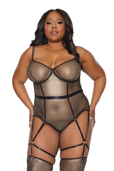 Plus Size Gold Fishnet Garter Strap Teddy