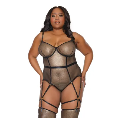 Plus Size Gold Fishnet Garter Strap Teddy