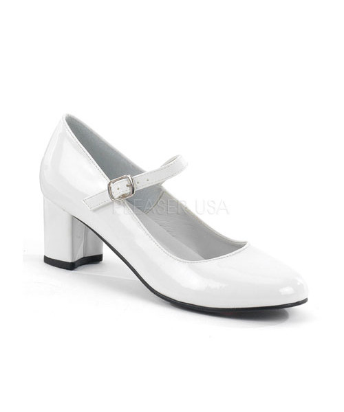 SCHOOLGIRL-50 - 2" Heel White Plain Pat Mary Jane School Girl Shoe, Retro