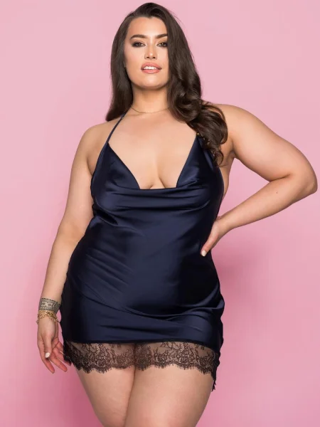 Lovehoney Plus Size Dark Orchid Navy Satin and Lace Chemise