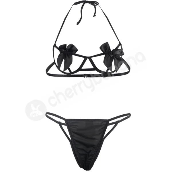 Cherry Banana Black Sexy Bow Underwire Bra & Panty Lingerie Set