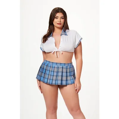 3 Pc School Girl Costumes With Top a Skirt and Matching Thong Panty Queen Size Blue