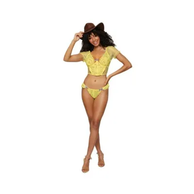 Women s Lingerie Dreamgirl Embroidered Eyelet Band And Stretch Fishnet Bustier And G string Set Citrus M