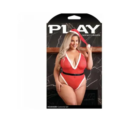 Women s Lingerie Fantasy Lingerie Play Holidazed Sheer Sparkle Mesh Teddy With Faux Fur Trim Belt Santa Hat Red 3x