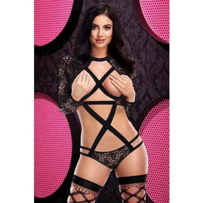 Sexy Strappy Long Sleeve Bodysuit Black One Size