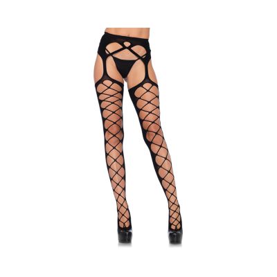 Diamond Net Opaque Stockings With Attached Garter Belt O s Black
