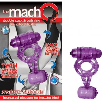 The Macho Double Cock And Balls Ring With Clitoral Tickler Silicone Waterproof Purple
