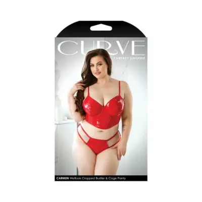 Curve Carmen Wetlook Cropped Bustier Matching Cage Panty 1x 2x Red